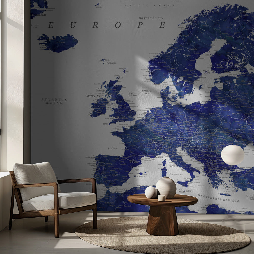 Navy blue detailed map of Europe
