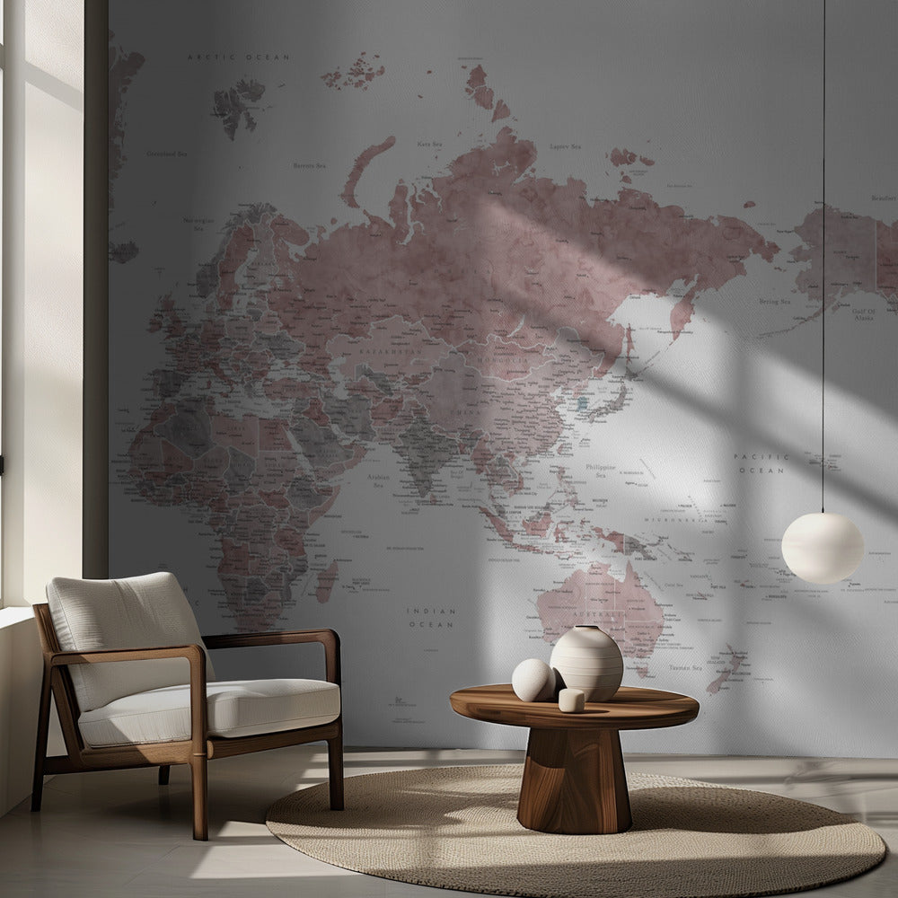 Pacific centered world map in dusty pink