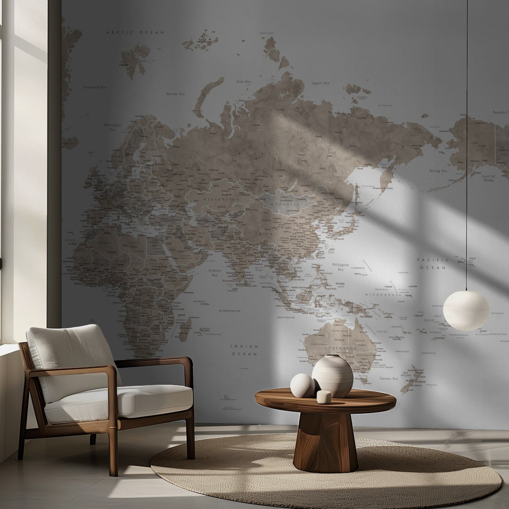 Pacific centered world map in taupe