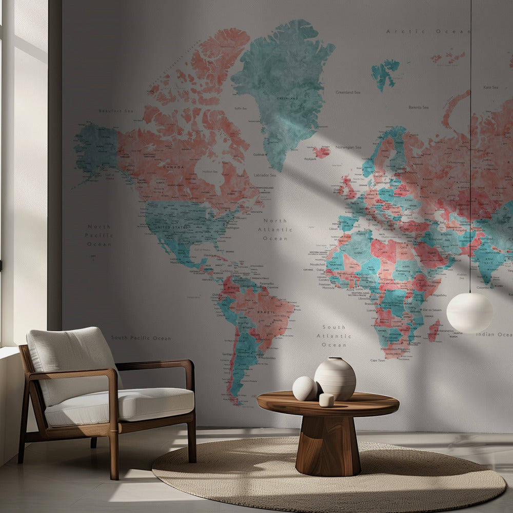 Watercolor world map with cities, Charlotte
