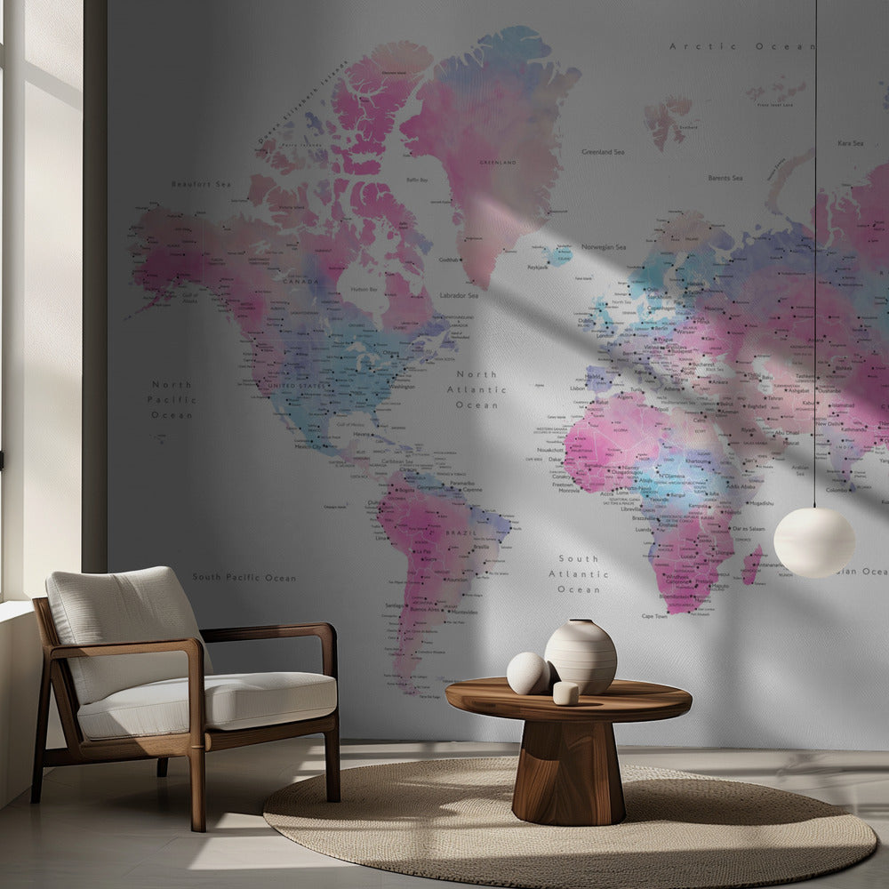 Watercolor world map with cities, Keahi