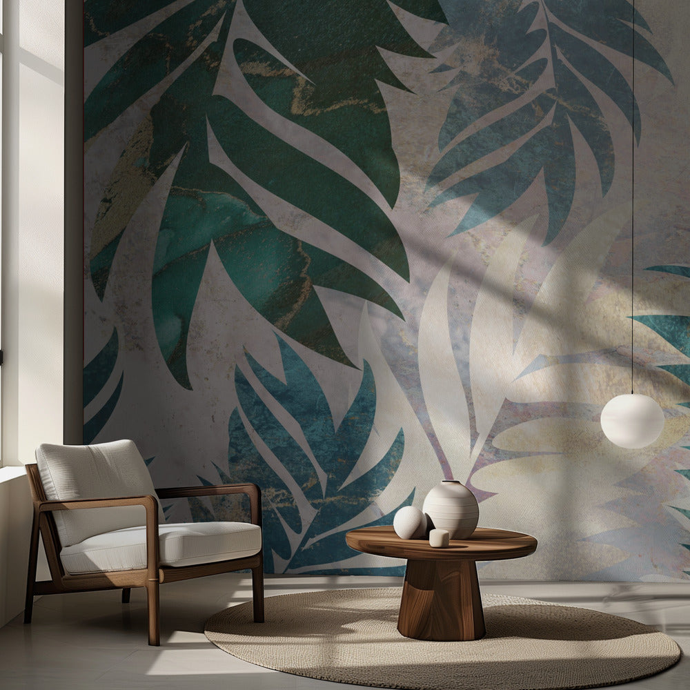 Marble gold green leaves mural