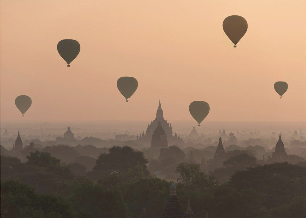 Bagan, balloons flying over ancient temples