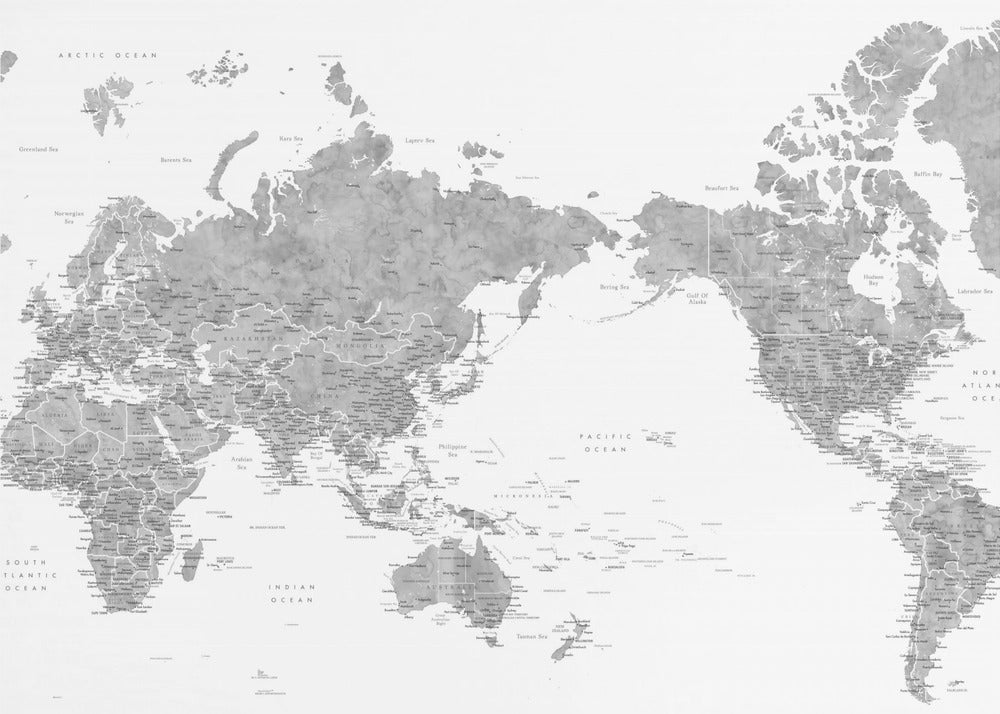 Pacific centered world map in gray watercolor