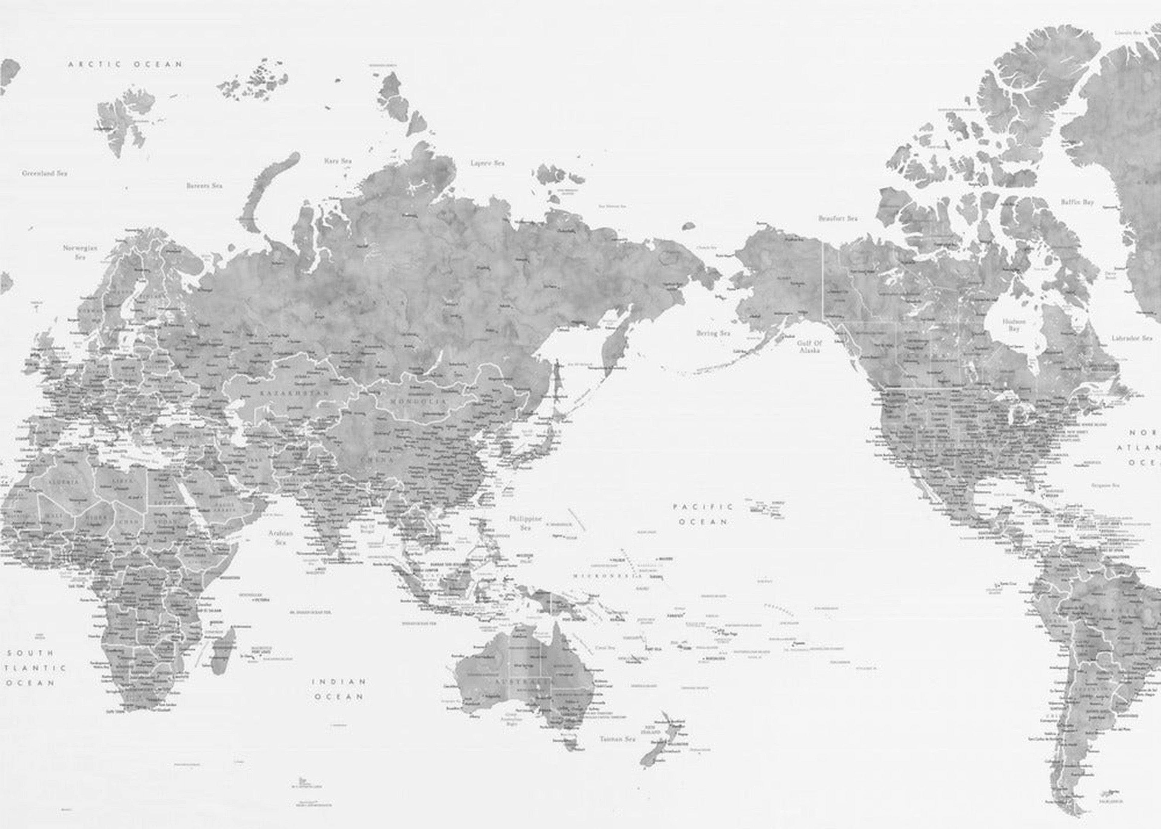 Pacific centered world map in gray watercolor