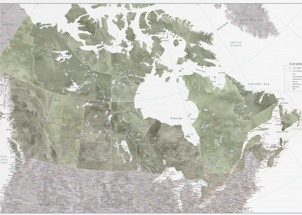 Detailed map of Canada in green watercolor