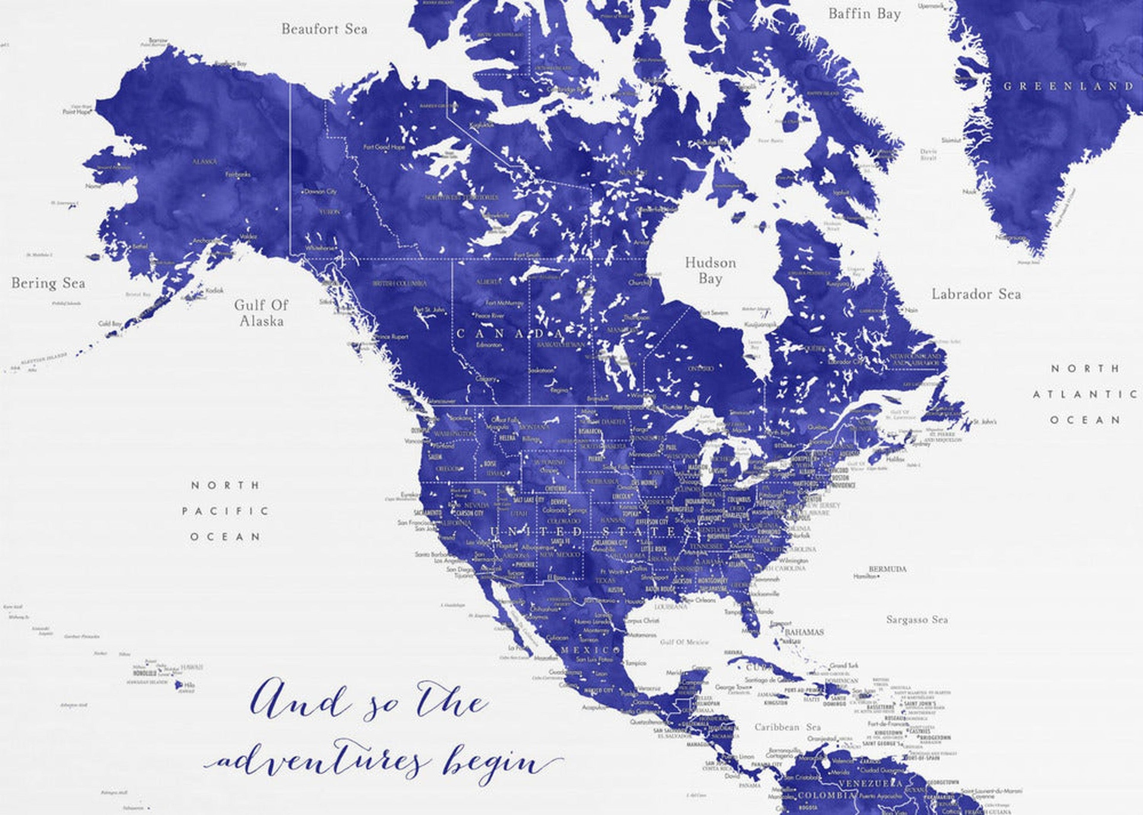 Adventure map of North America in cobalt blue