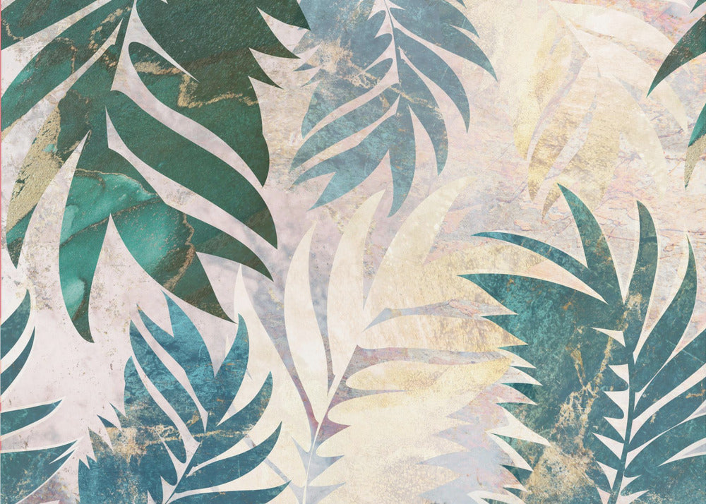 Marble gold green leaves mural