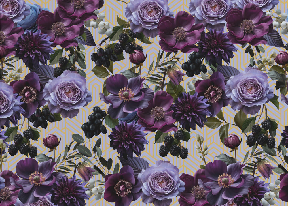 Gothic gold lilac – Mystisk fototapet i gyllene lila toner med gotisk elegans