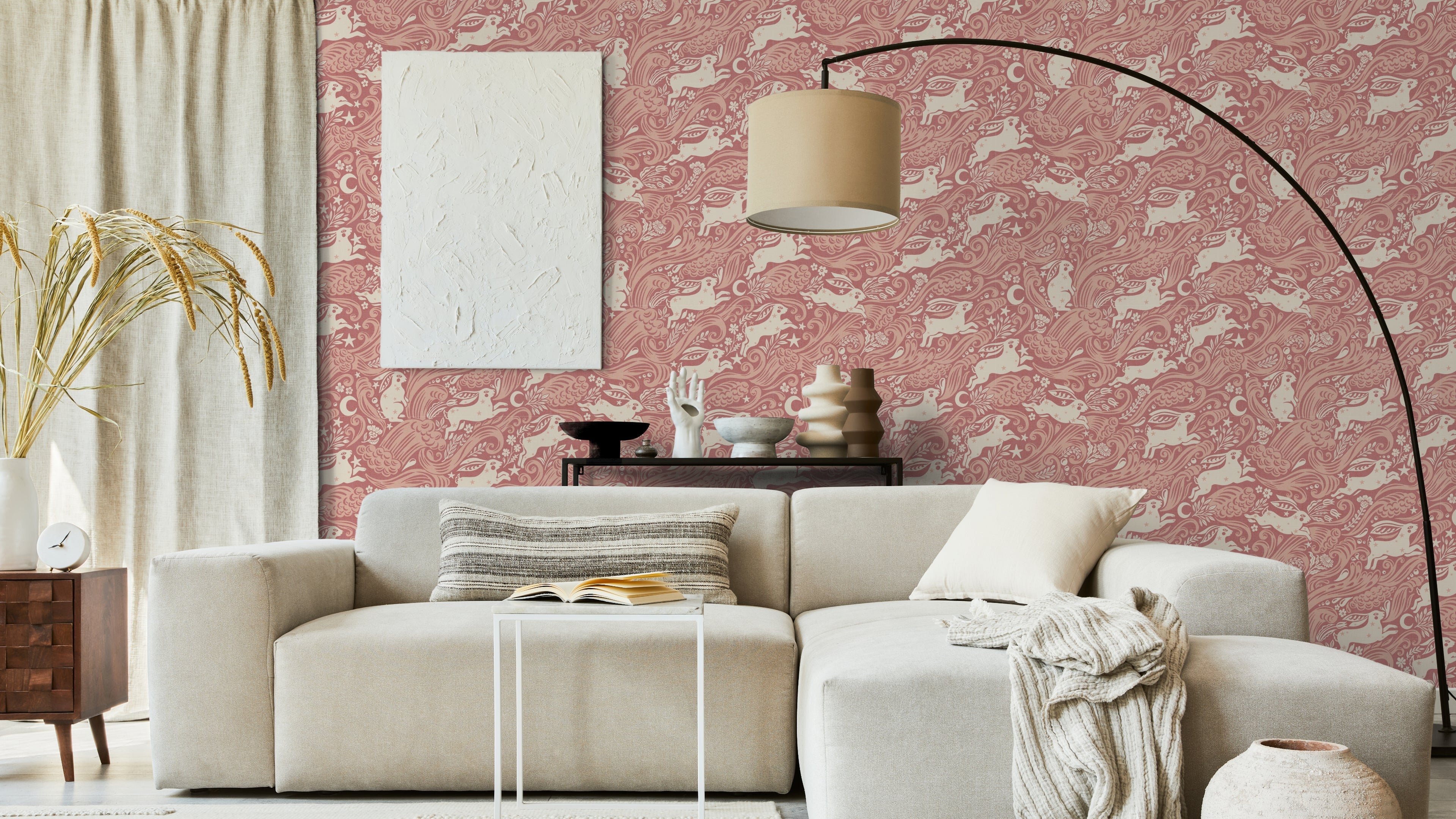 Celestial Sea Rabbit - half drop - Varm Rosa – Lekfull tapet med havskaniner i varm rosa