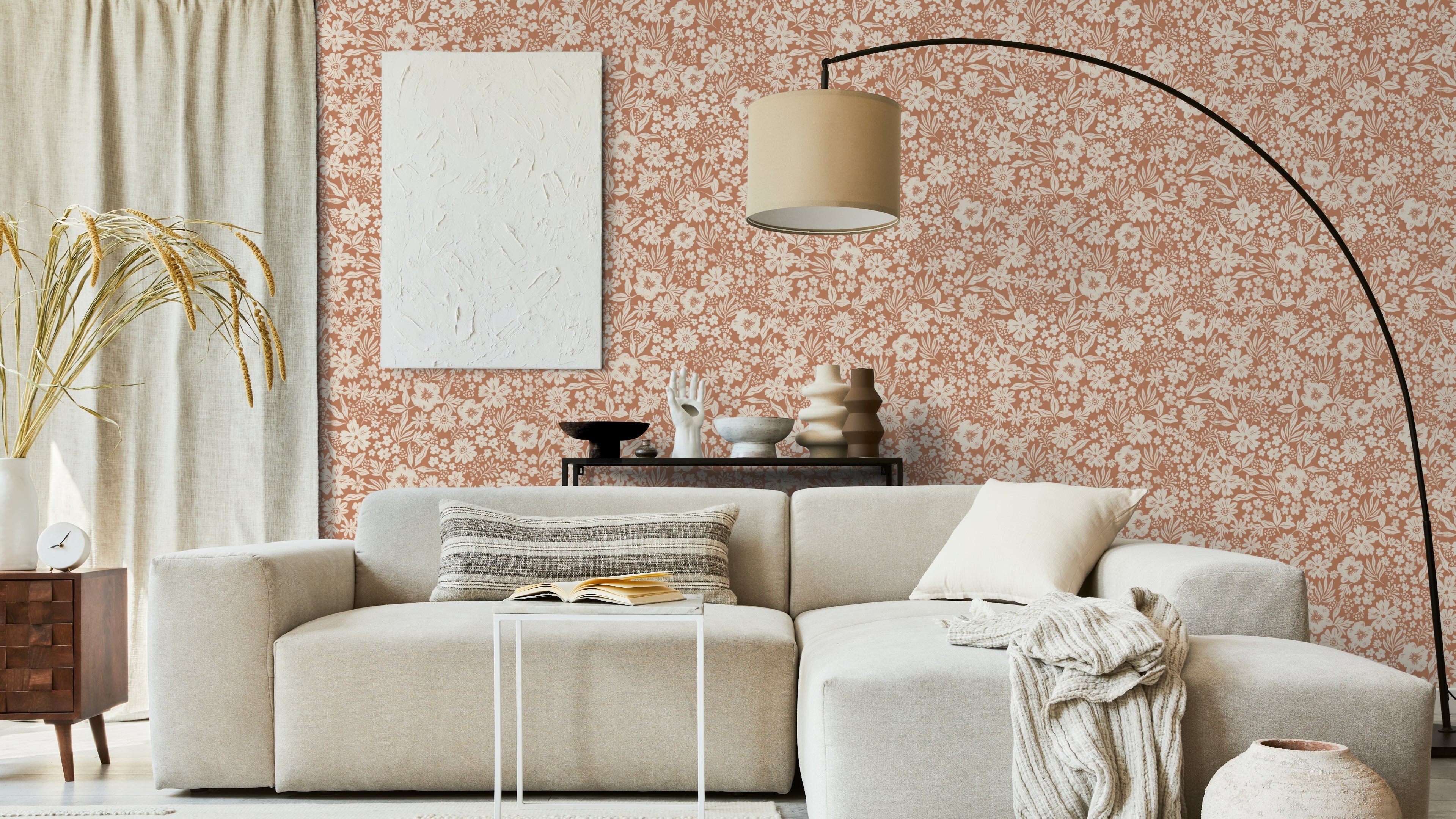 Joanie - Half Drop - Toffee – Varm tapet med romantiska blommor