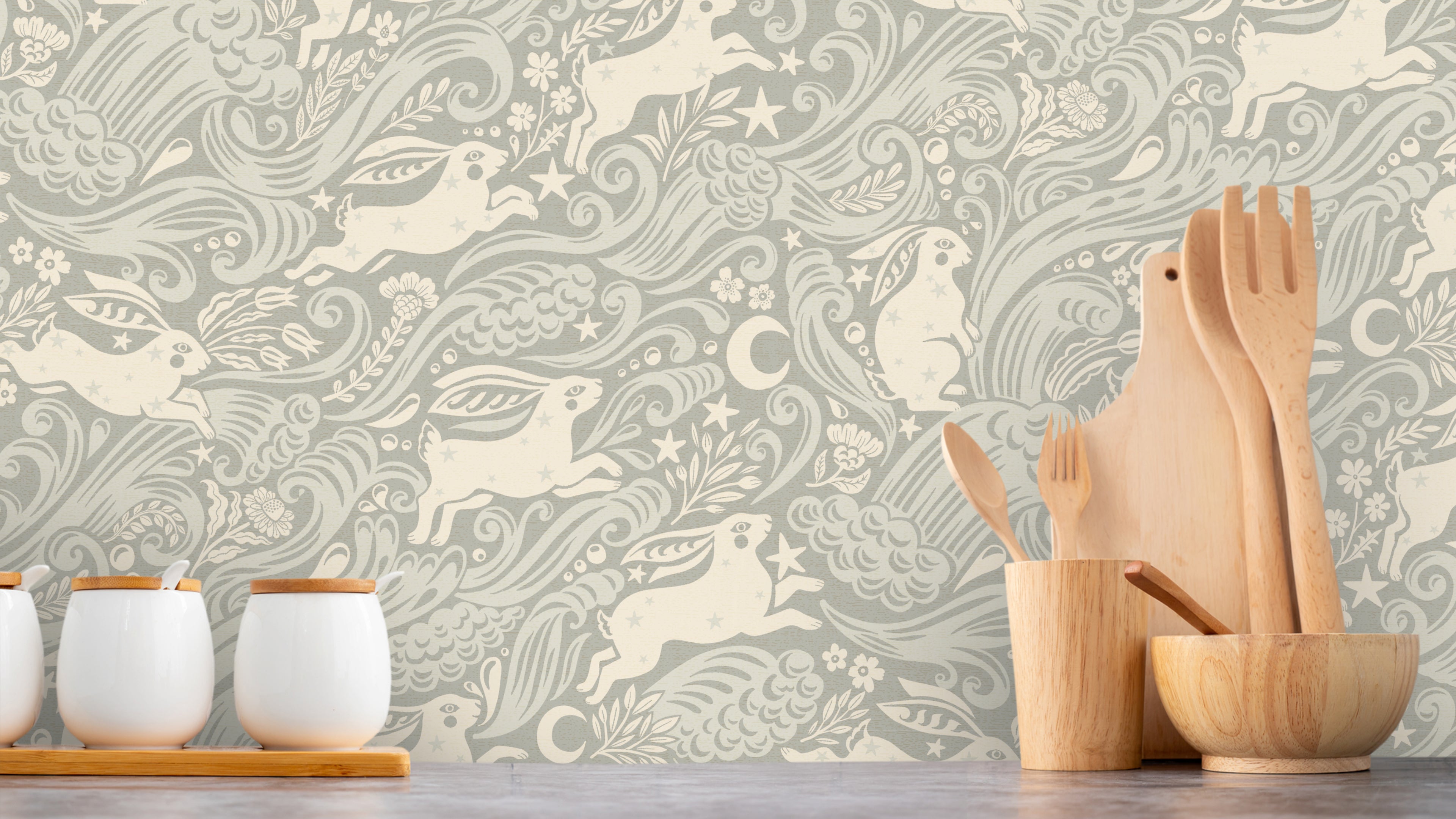 Reval Wallpaper Celestial Sea Rabbit - half drop - Pearl – kvalitetsprodukt för ett vackrare och mer hållbart hem