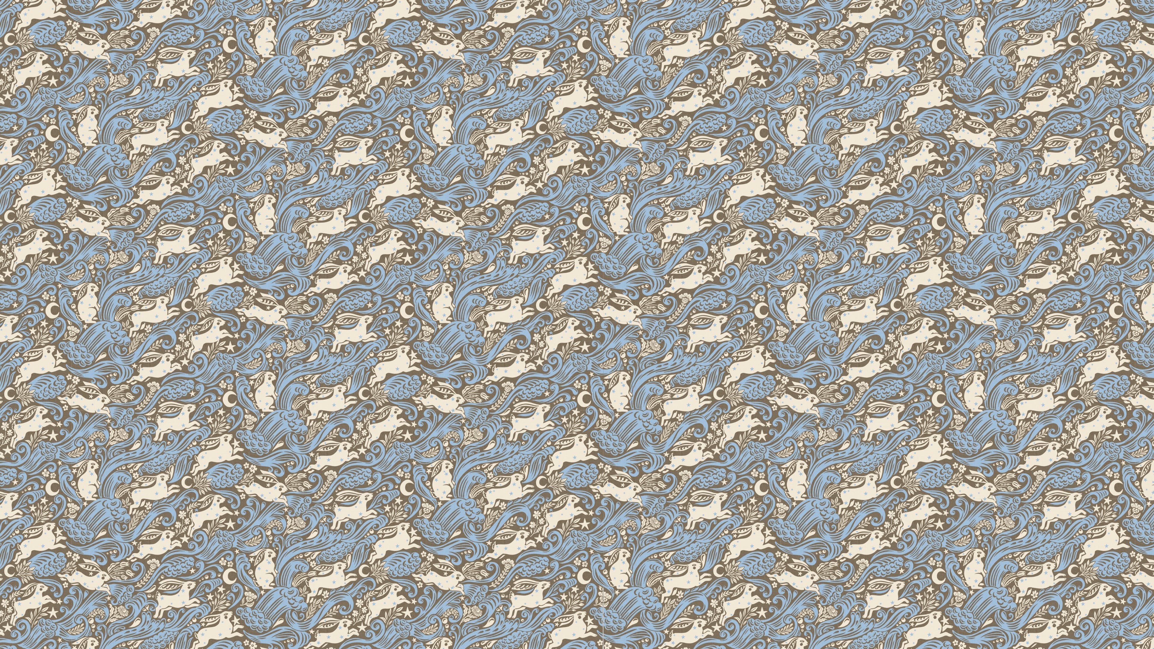 Celestial Sea Rabbit - half drop - Cobalt - Tapet med kaniner och tulpaner i böljande mönster
