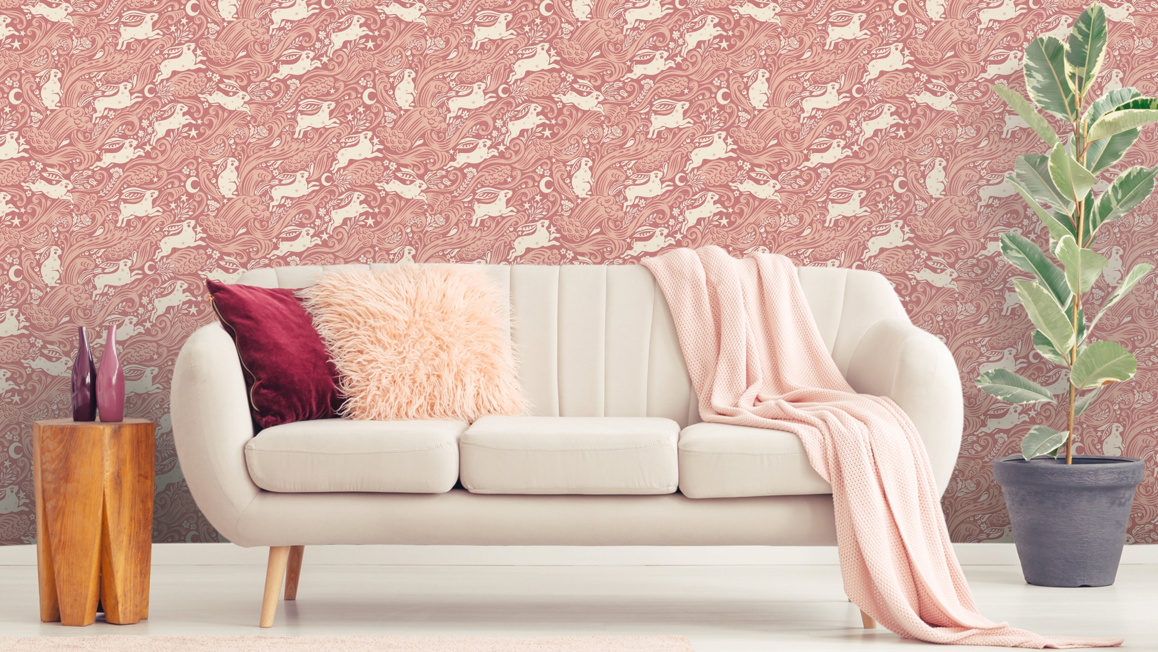 Celestial Sea Rabbit - half drop - Varm Rosa – Lekfull tapet med havskaniner i varm rosa