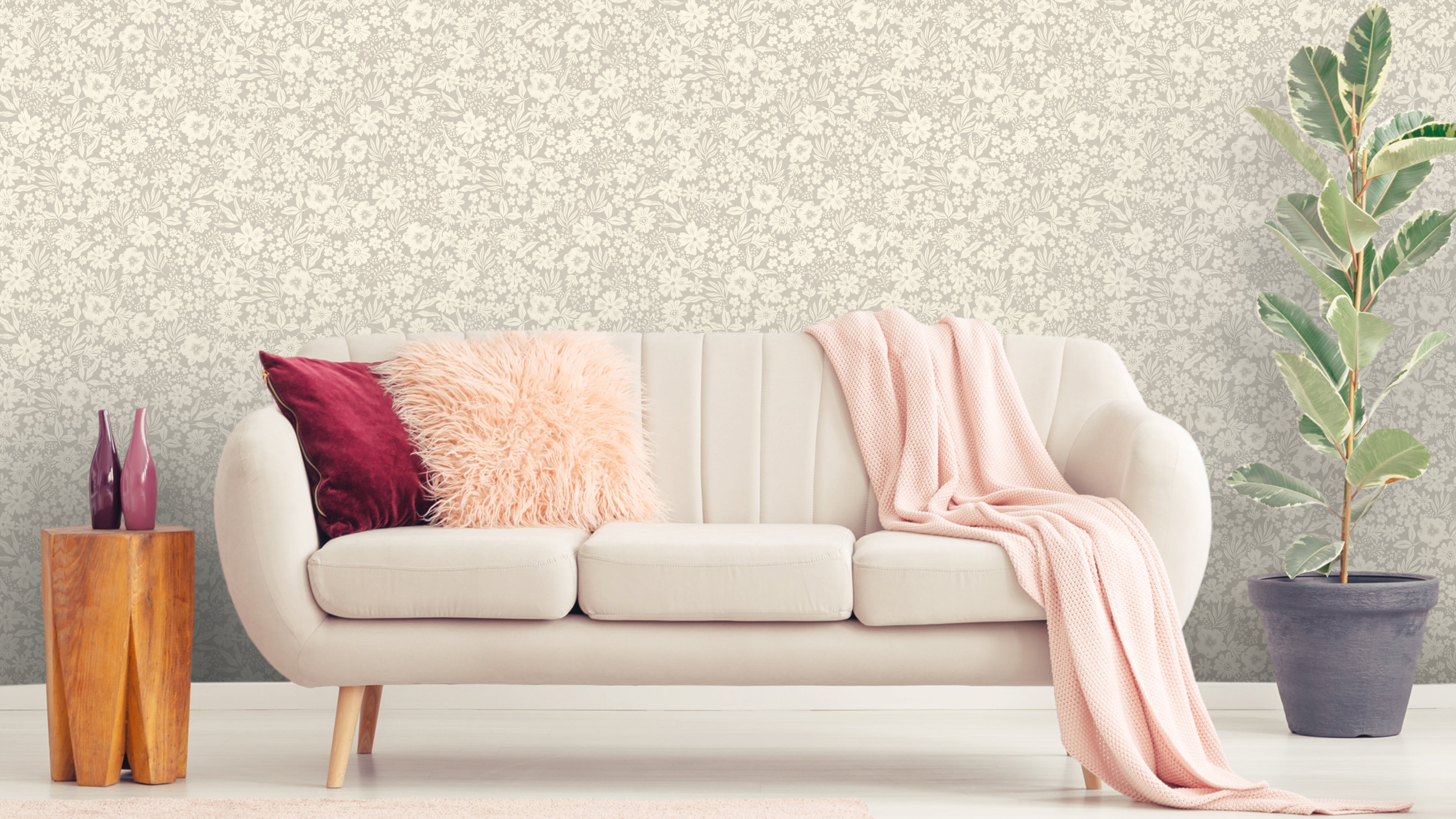 Reval Wallpaper Joanie - Half Drop - Oyster – Elegant tapet med romantiska blommor – högkvalitativ tapet för en personlig ...