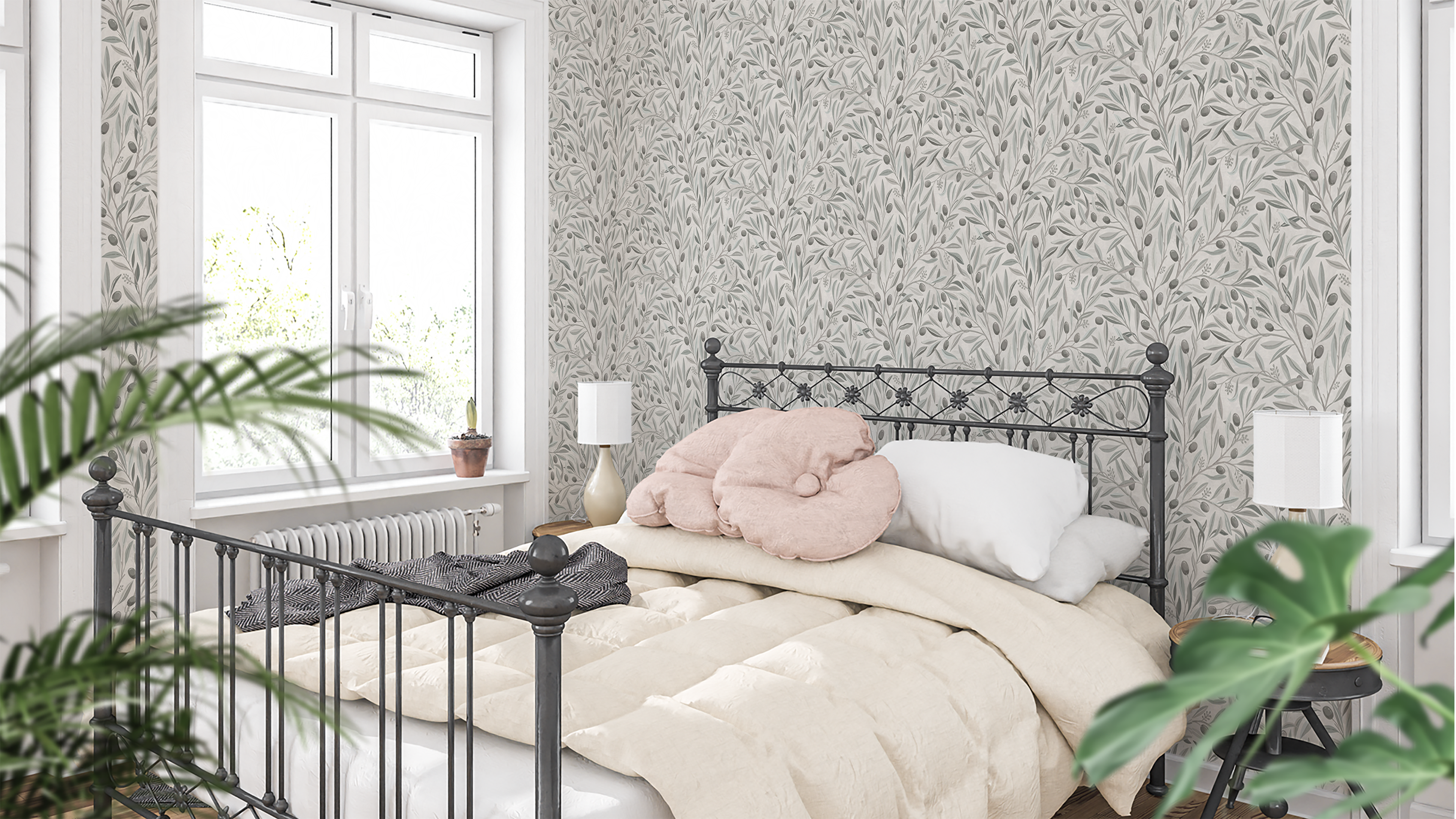 Reval Wallpaper Olivia Half Drop Gray - Elegant tapet med olivkvistar i grå toner – högkvalitativ tapet för en personlig o...