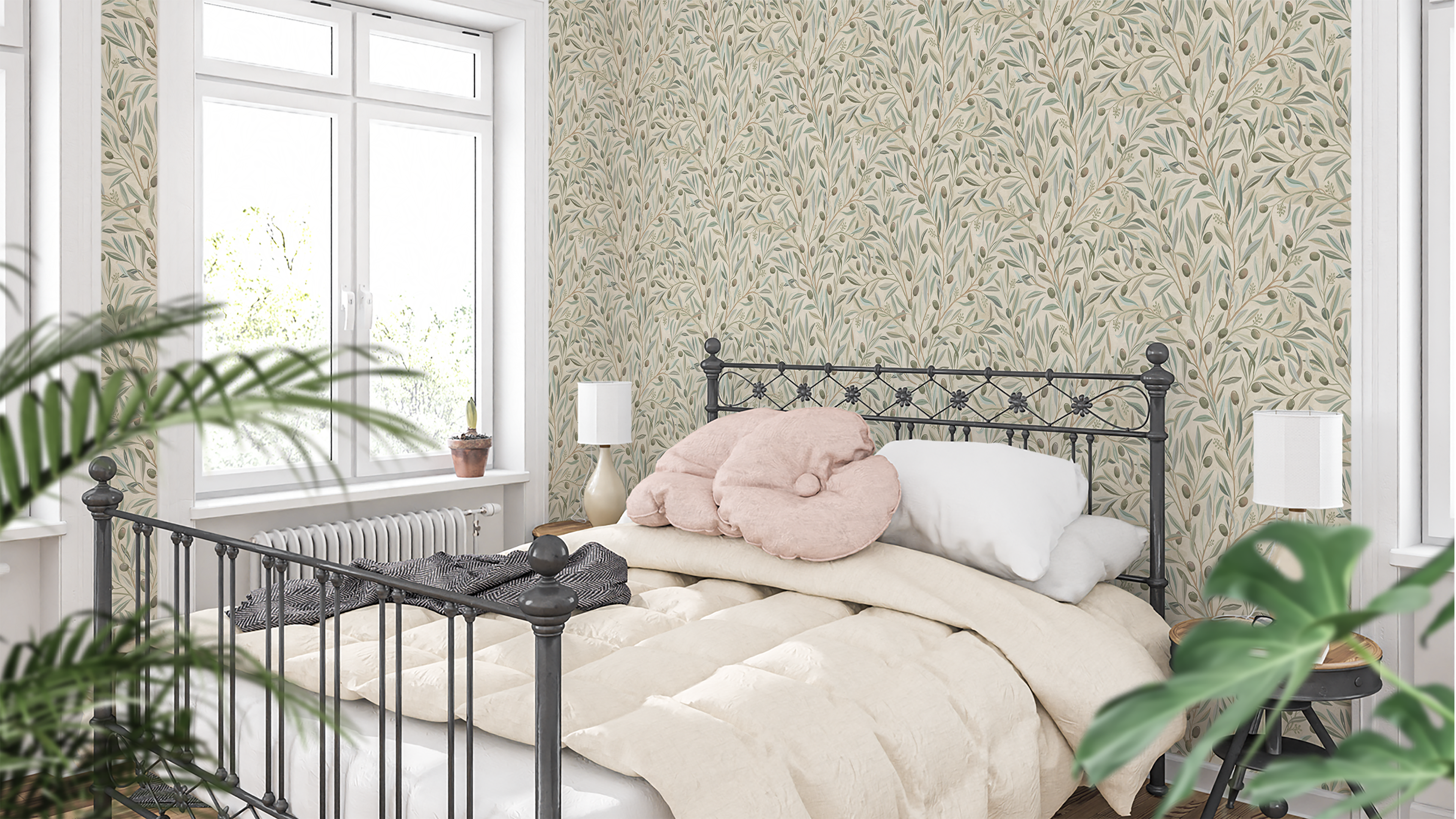 Reval Wallpaper Olivia Half Drop - Olivia - Klassisk tapet med olivkvistar i naturliga toner – högkvalitativ tapet för en ...