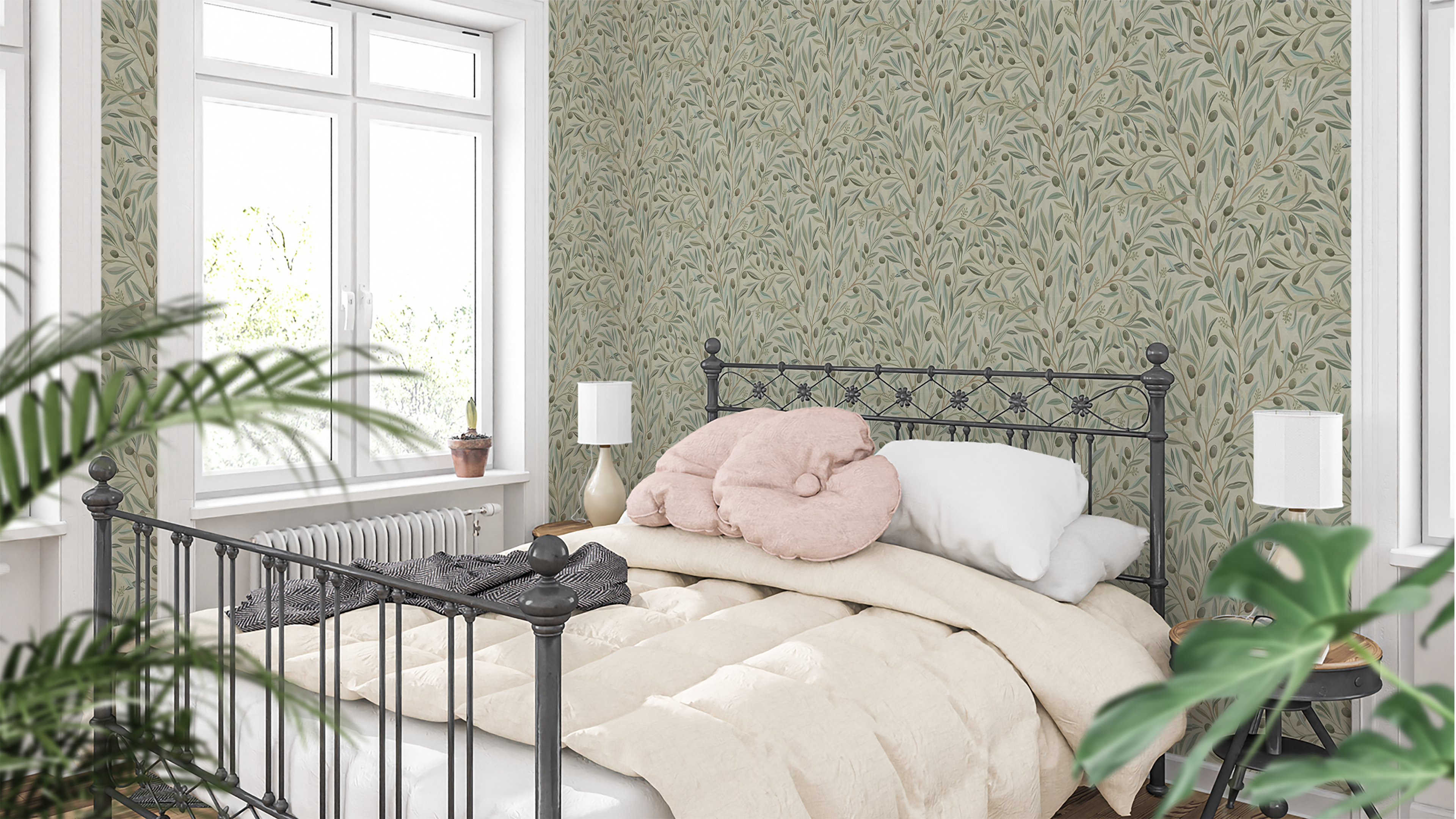 Olivia Half Drop - Green - Naturinspirerad tapet med olivkvistar i gröna toner