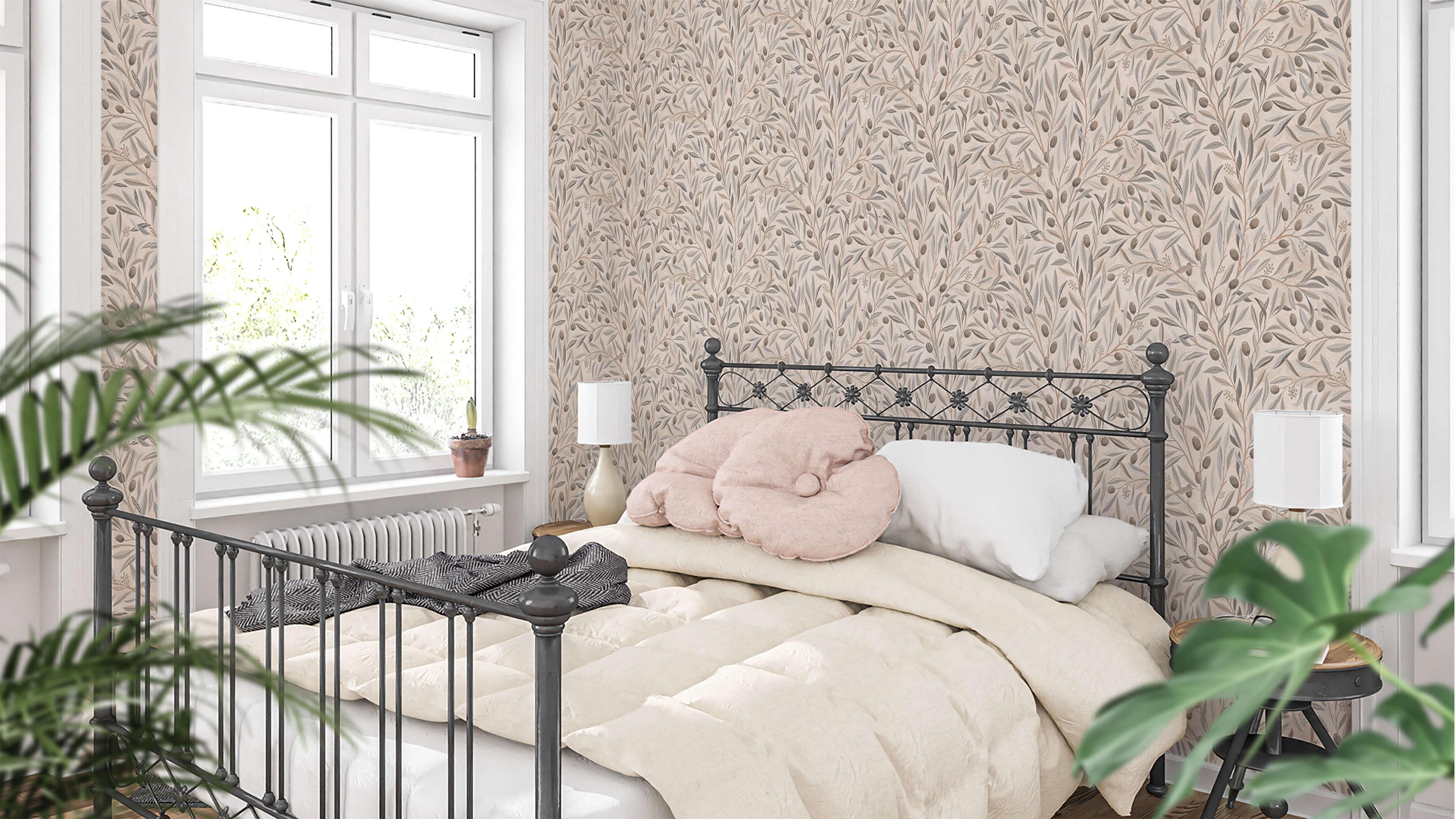 Reval Wallpaper Olivia Half Drop - Blush - Romantisk tapet med olivkvistar i mjuka rosa toner – högkvalitativ tapet för en...