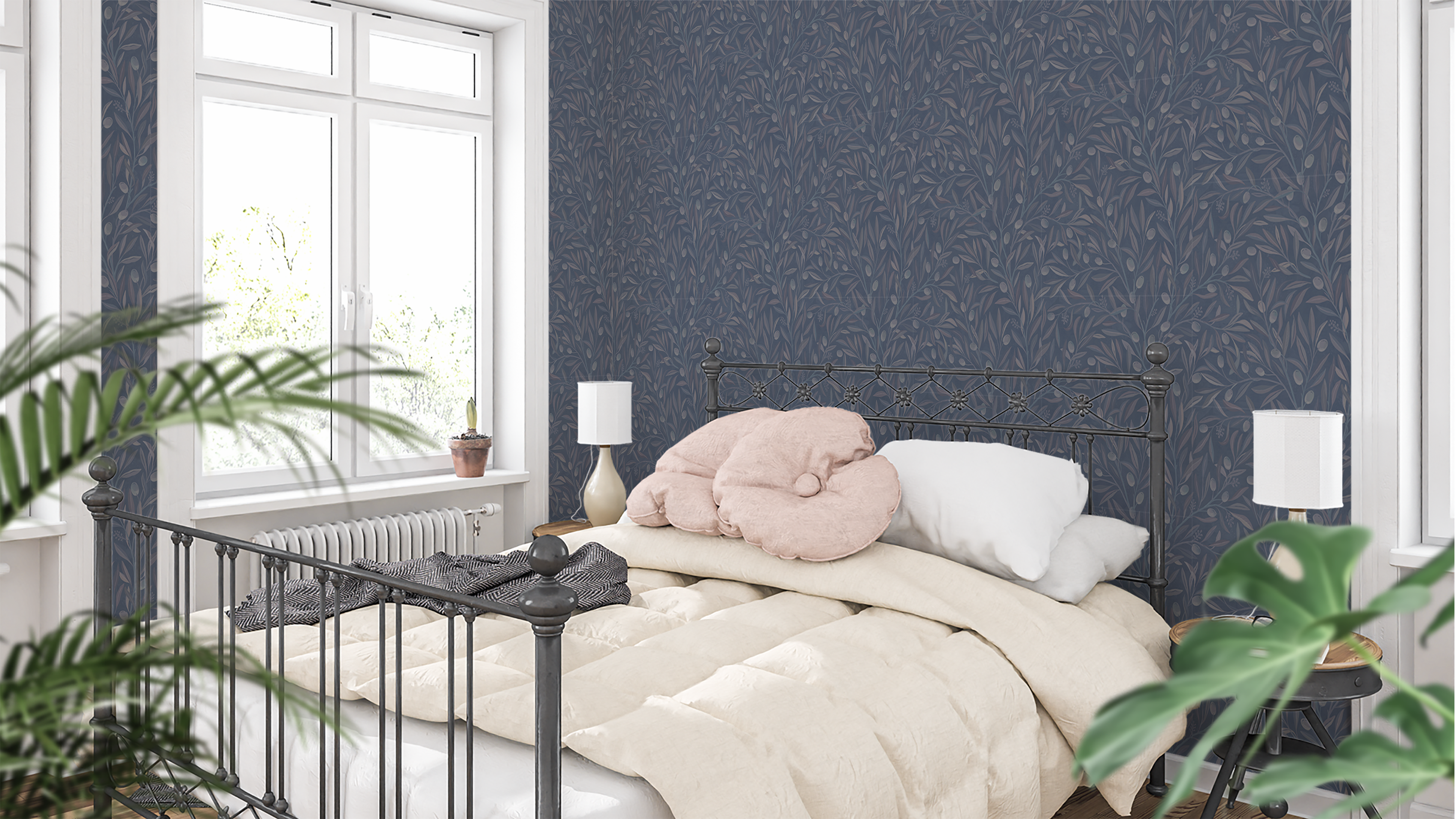Reval Wallpaper Olivia Half Drop Midnight Blue - Elegant tapet med olivkvistar i djupa blå toner – högkvalitativ tapet för...