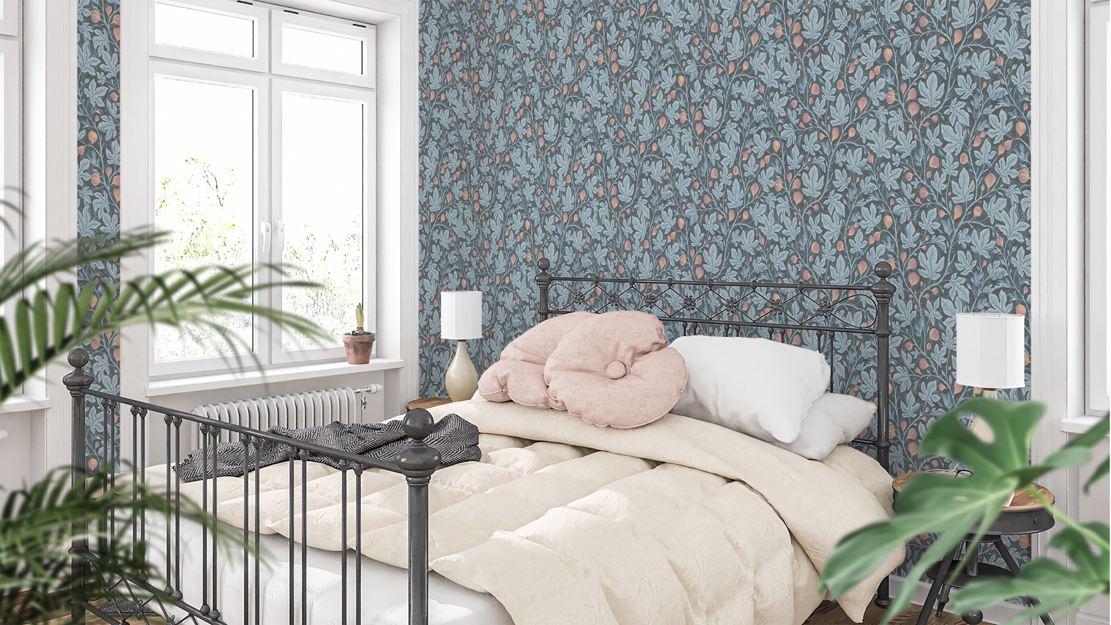 Fig Tree - Teal - Elegant tapet med fikonträd i blågrå toner