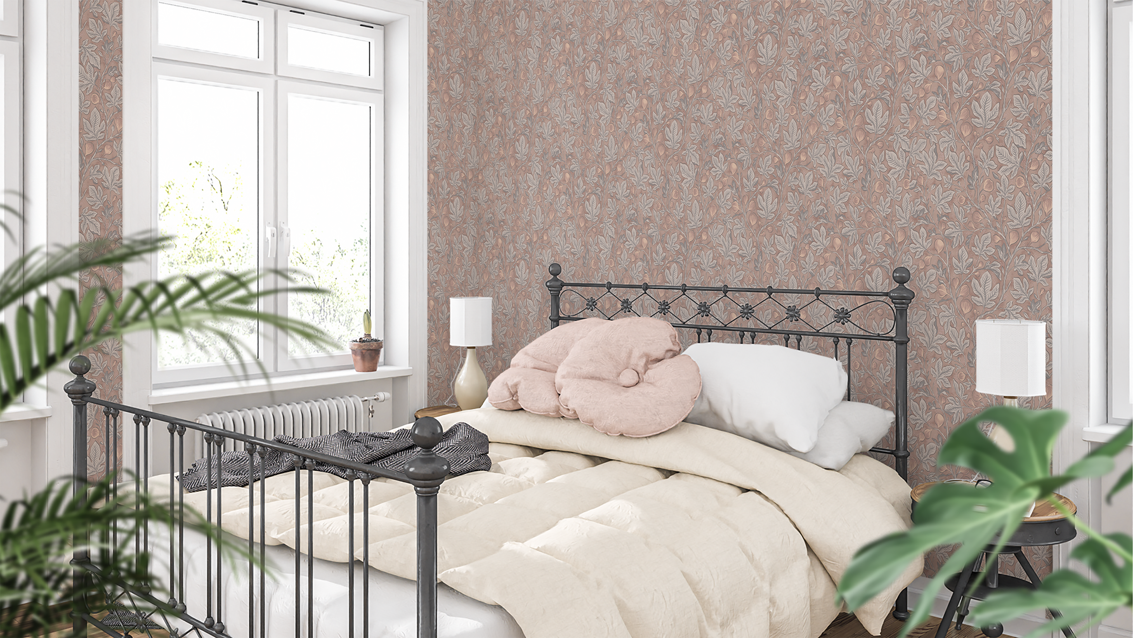 Fig Tree - Brown - Elegant botanisk tapet med handmålade fikonblad