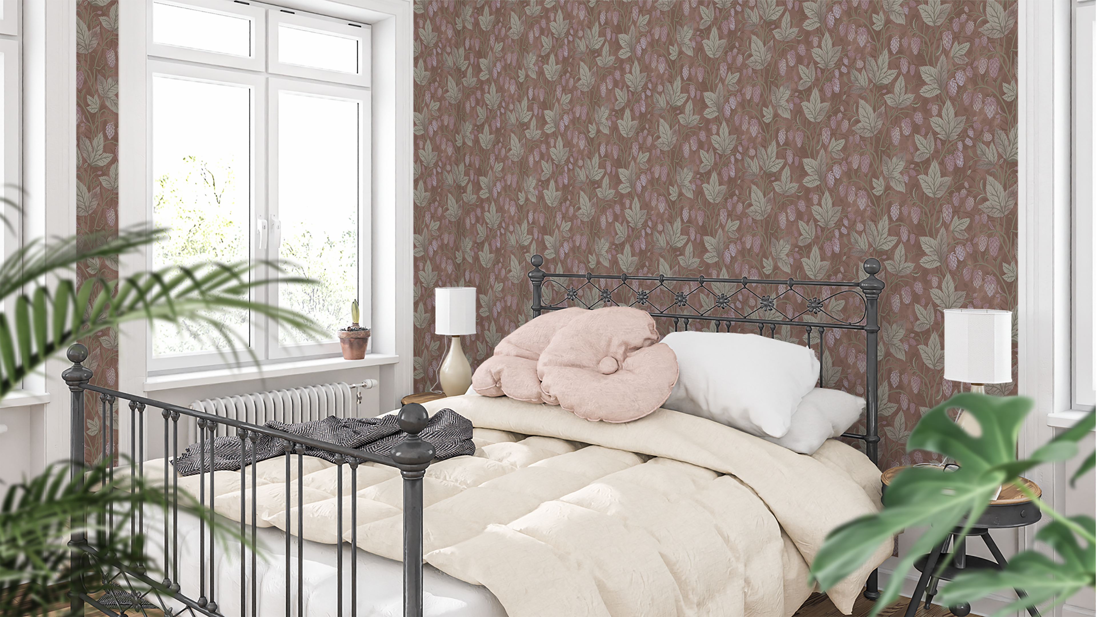 Trailing Hops Brown - Elegant tapet med organiskt humlemönster i bruna toner