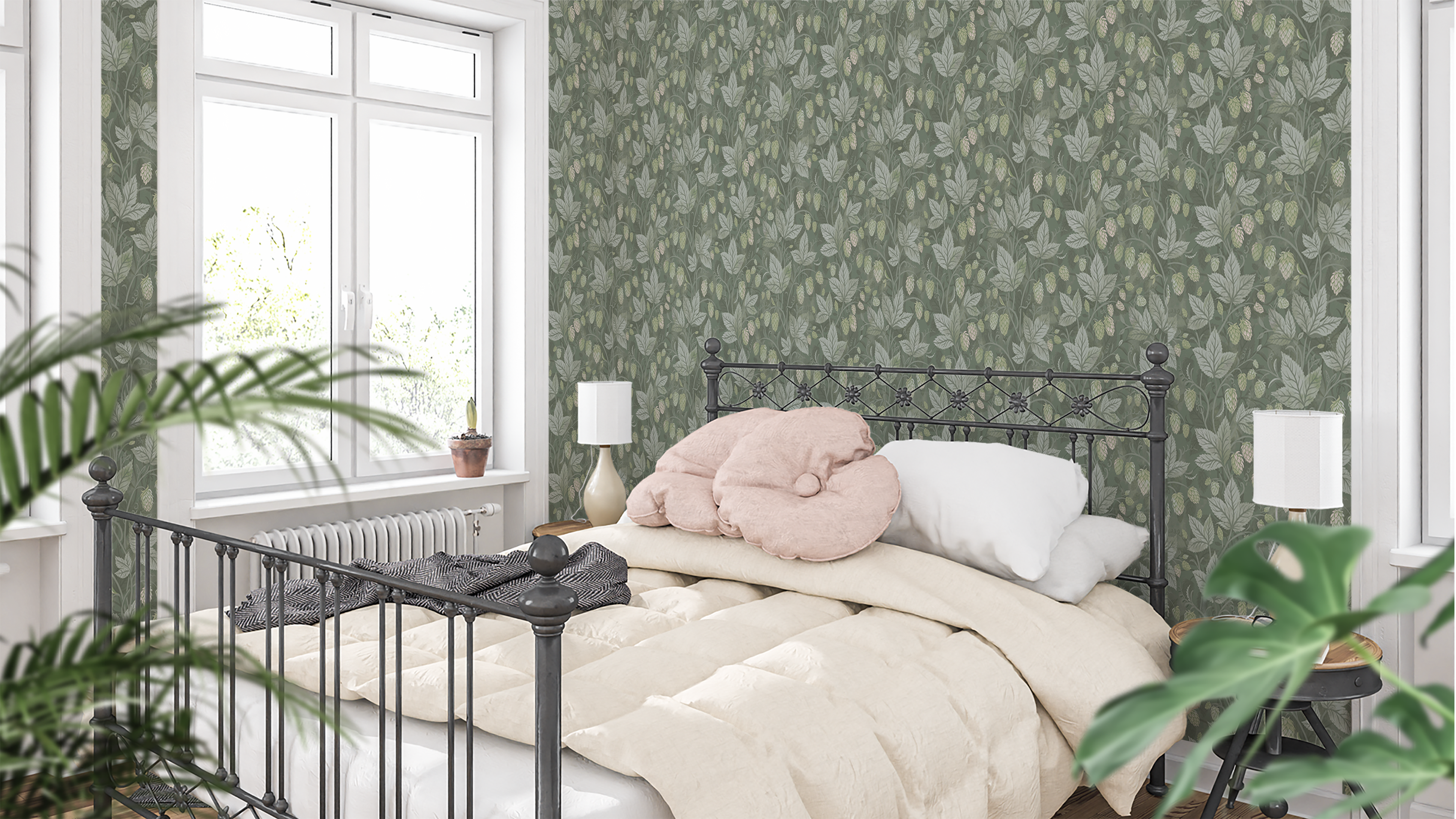 Trailing Hops Green - Elegant tapet med organiskt humlemönster i gröna toner