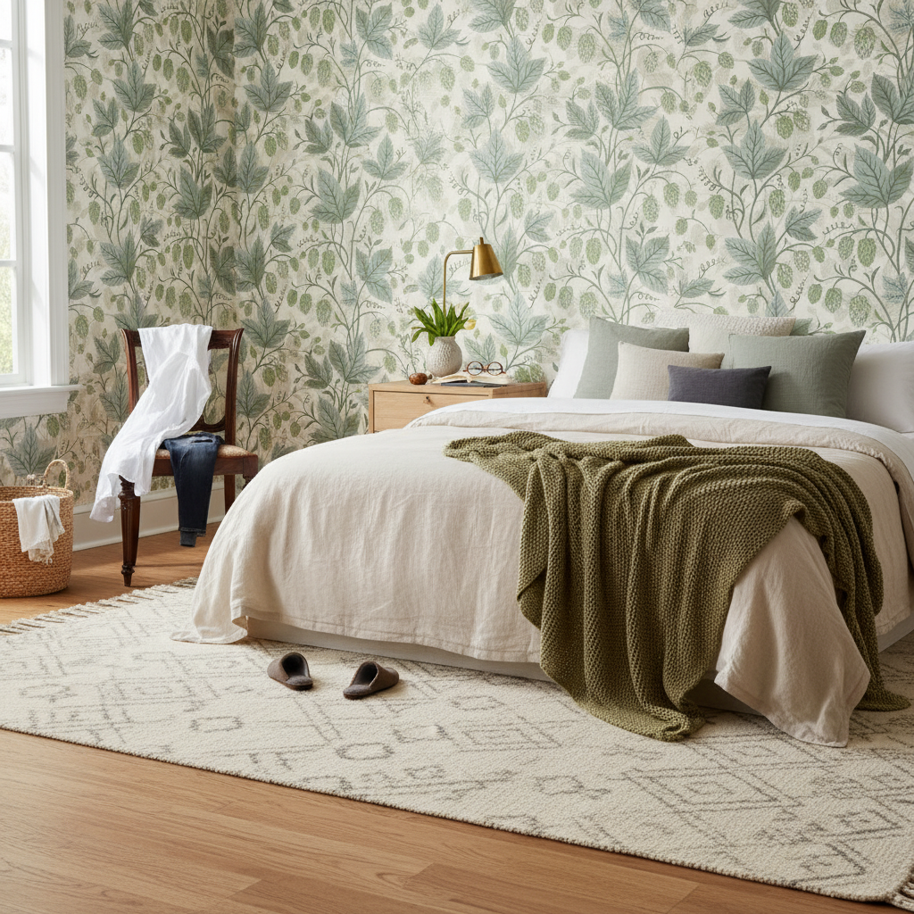 Trailing Hops Hedge - Elegant tapet med organiskt humlemönster i gröna toner