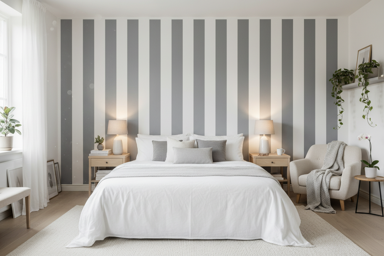Big Stripes - Vit/Mellangrå – Grafisk randig tapet med skandinavisk elegans