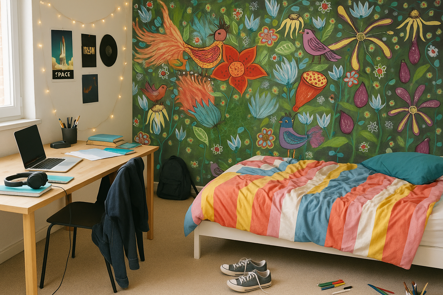 Ellinors Magical Garden - Färgstarkt fototapet med fåglar och blommor i magisk trädgård
