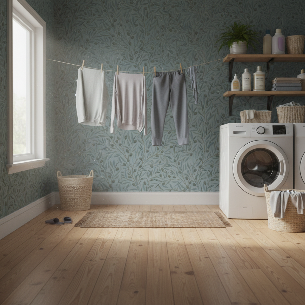 Reval Wallpaper Olivia Half Drop Dove - Elegant tapet med olivkvistar i mjuka blå toner – högkvalitativ tapet för en perso...