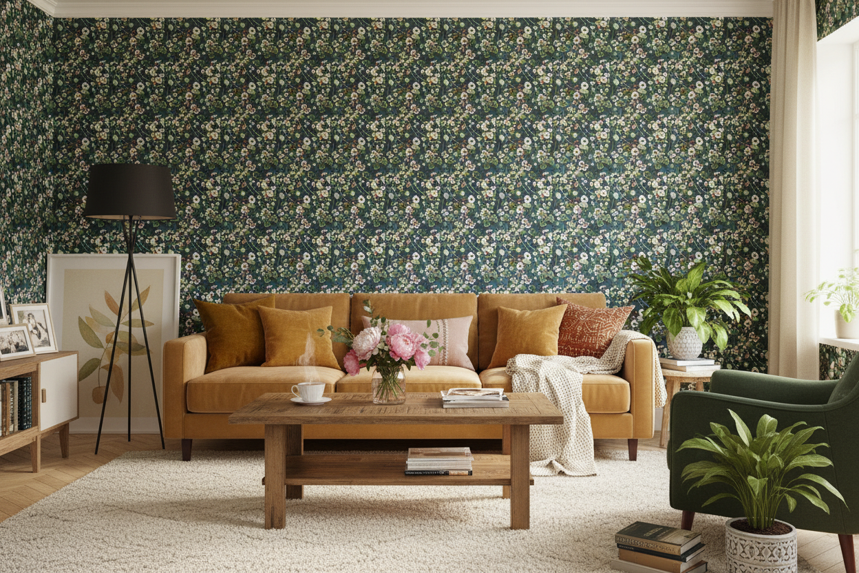 Reval Wallpaper Krasse - Midnight Blå - Handmålad tapet med blommor i djupa blå toner – högkvalitativ tapet för en personl...