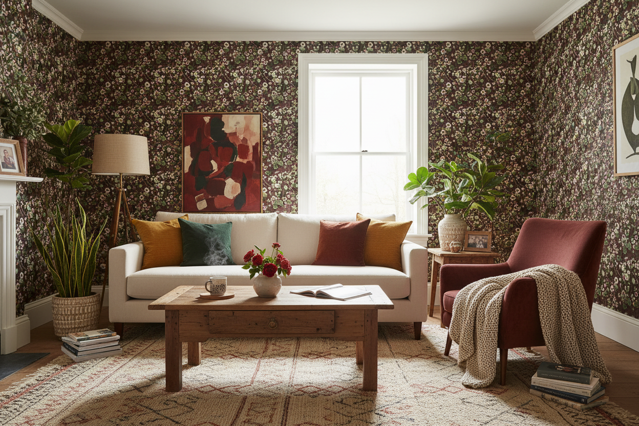 Reval Wallpaper Krasse - Vine - Handmålad tapet med levande blommor i röda toner – högkvalitativ tapet för en personlig oc...