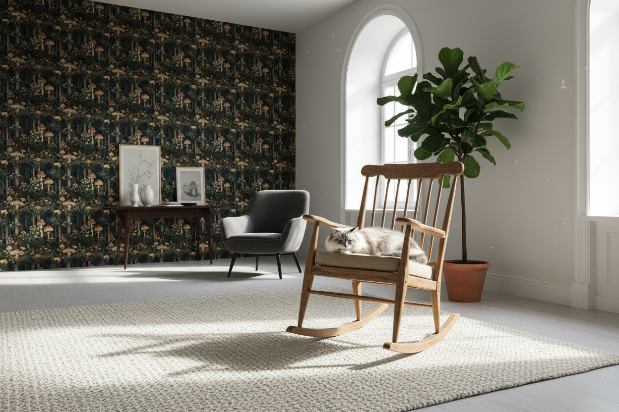 Översiktsbild av rum med svamptapet