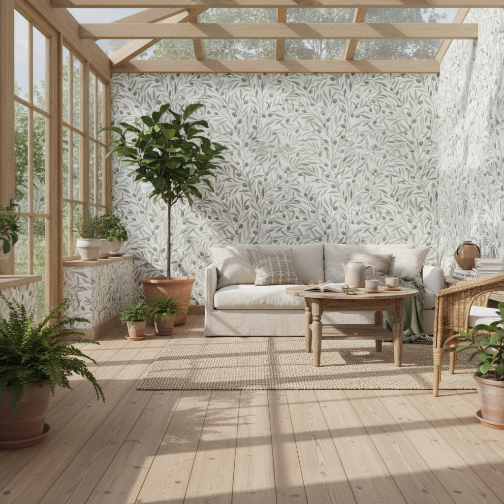 Olivia Half Drop Gray - Elegant tapet med olivkvistar i grå toner