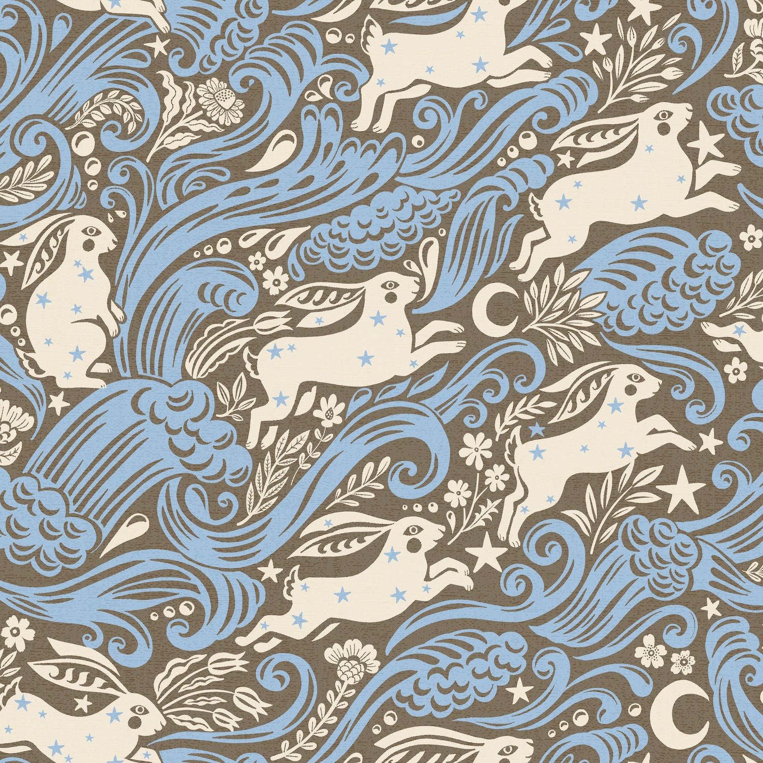 Celestial Sea Rabbit - half drop - Cobalt - Tapet med kaniner och tulpaner i böljande mönster
