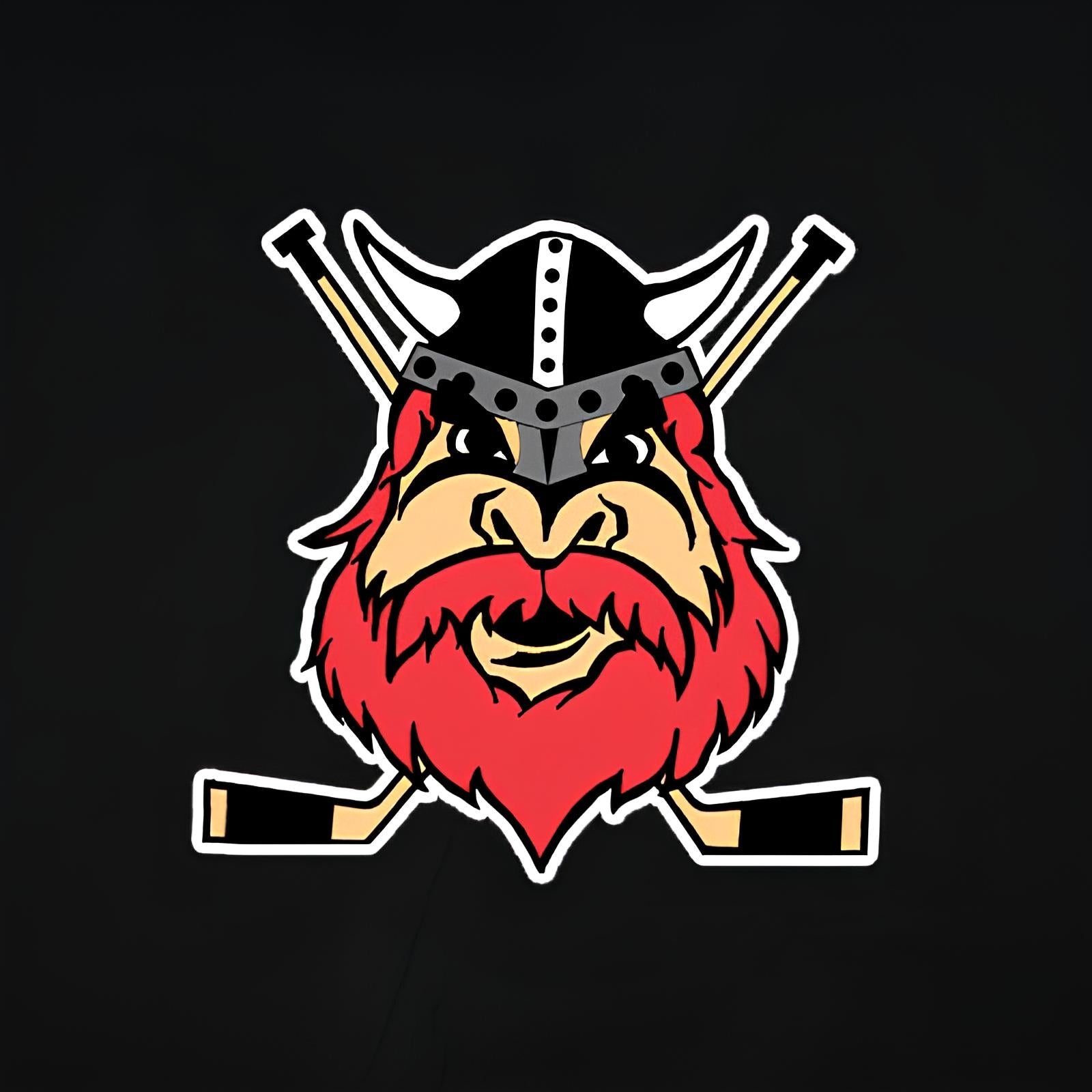 Hockeylagets Nybro Vikings logotyp. En Viking med rött skägg och hjälm med horn. I bakgrunden korslagda hockeyklubbor.