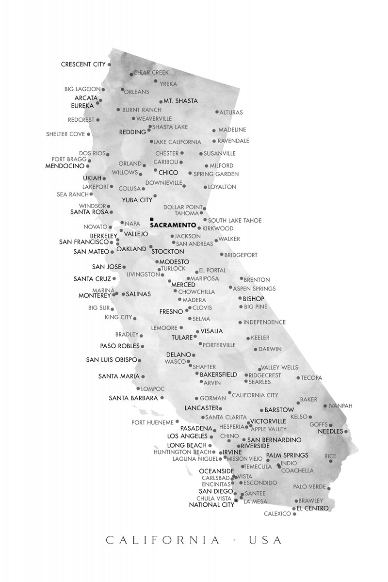 Gråskala akvarellkart over California med byer