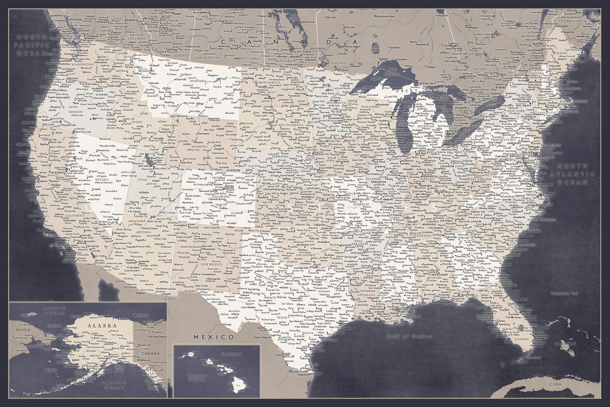Svært detaljert kart over USA, Glyn