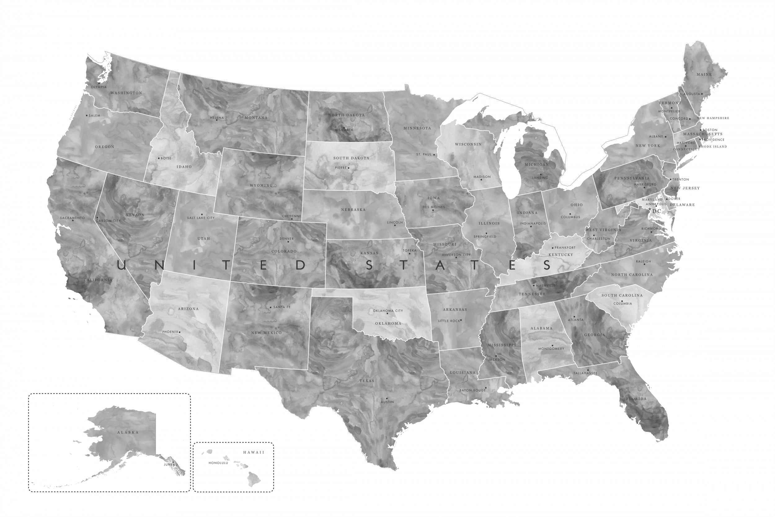 Gray watercolor map of the US