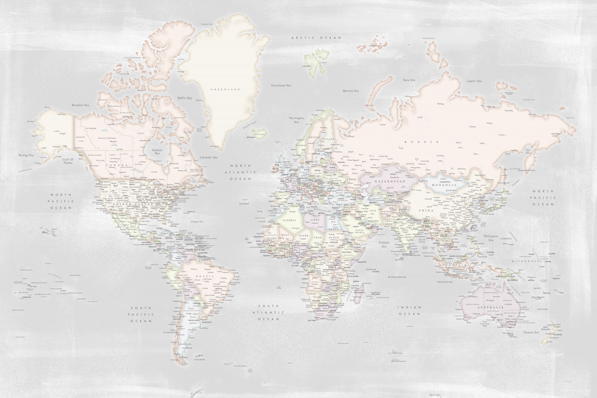 Detailed world map with cities, Maeli pastels