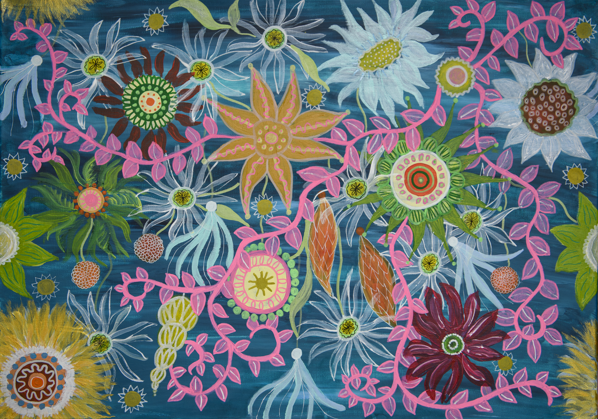 Ellinors Flower Power - Blue - Colorful photo wallpaper with flowers in blue tones