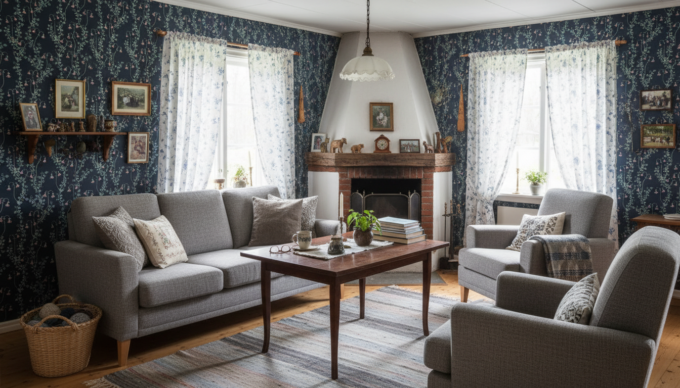 Linnea Borealis - Natt - Klassisk svensk blomstertapet i blå ton