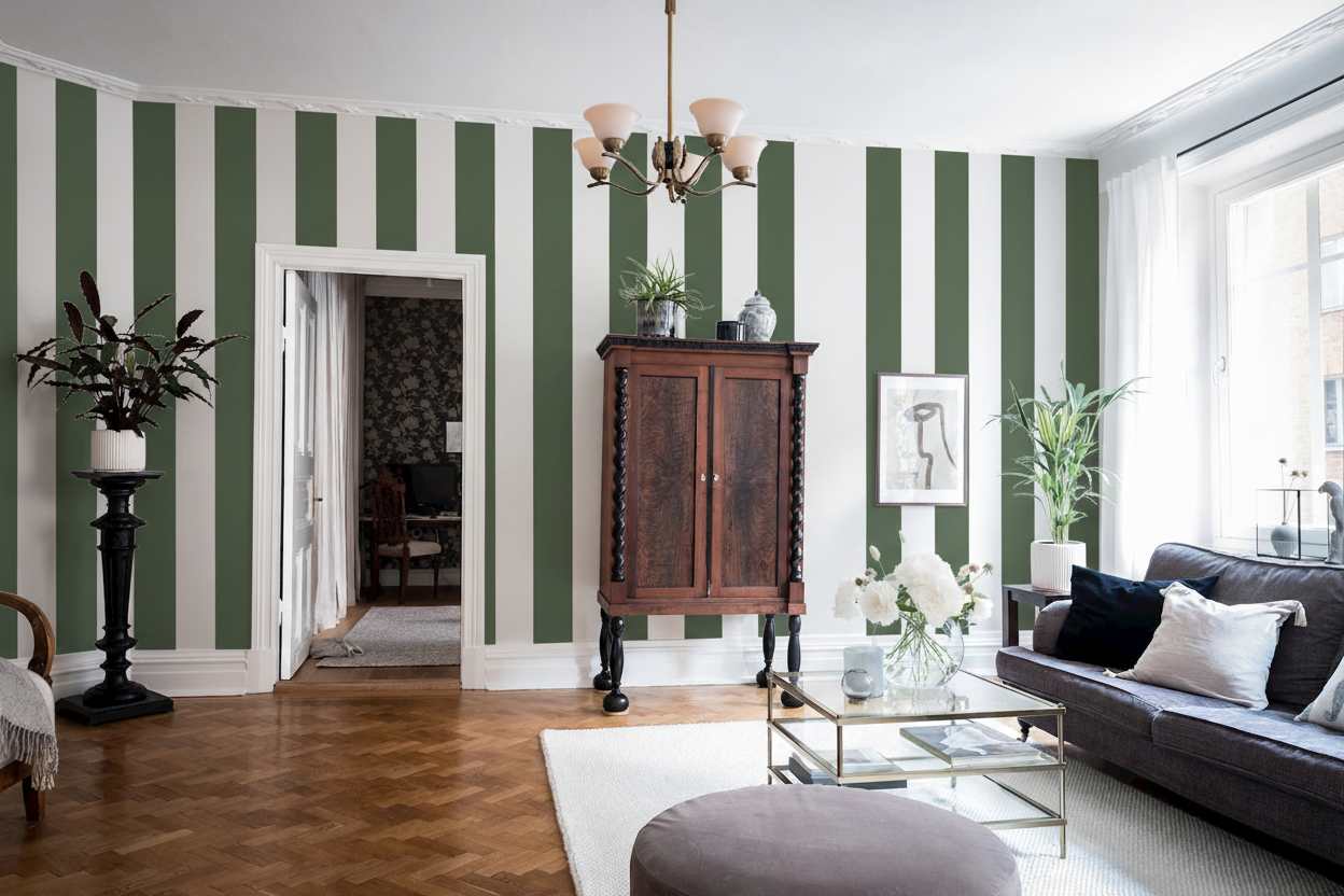 Big Stripes - Vit/olivgrön X-Large - Klassisk randtapet med tidlös elegans