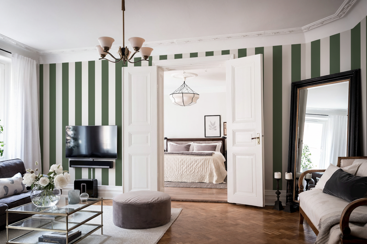 Big Stripes - Vit/olivgrön X-Large - Klassisk randtapet med tidlös elegans