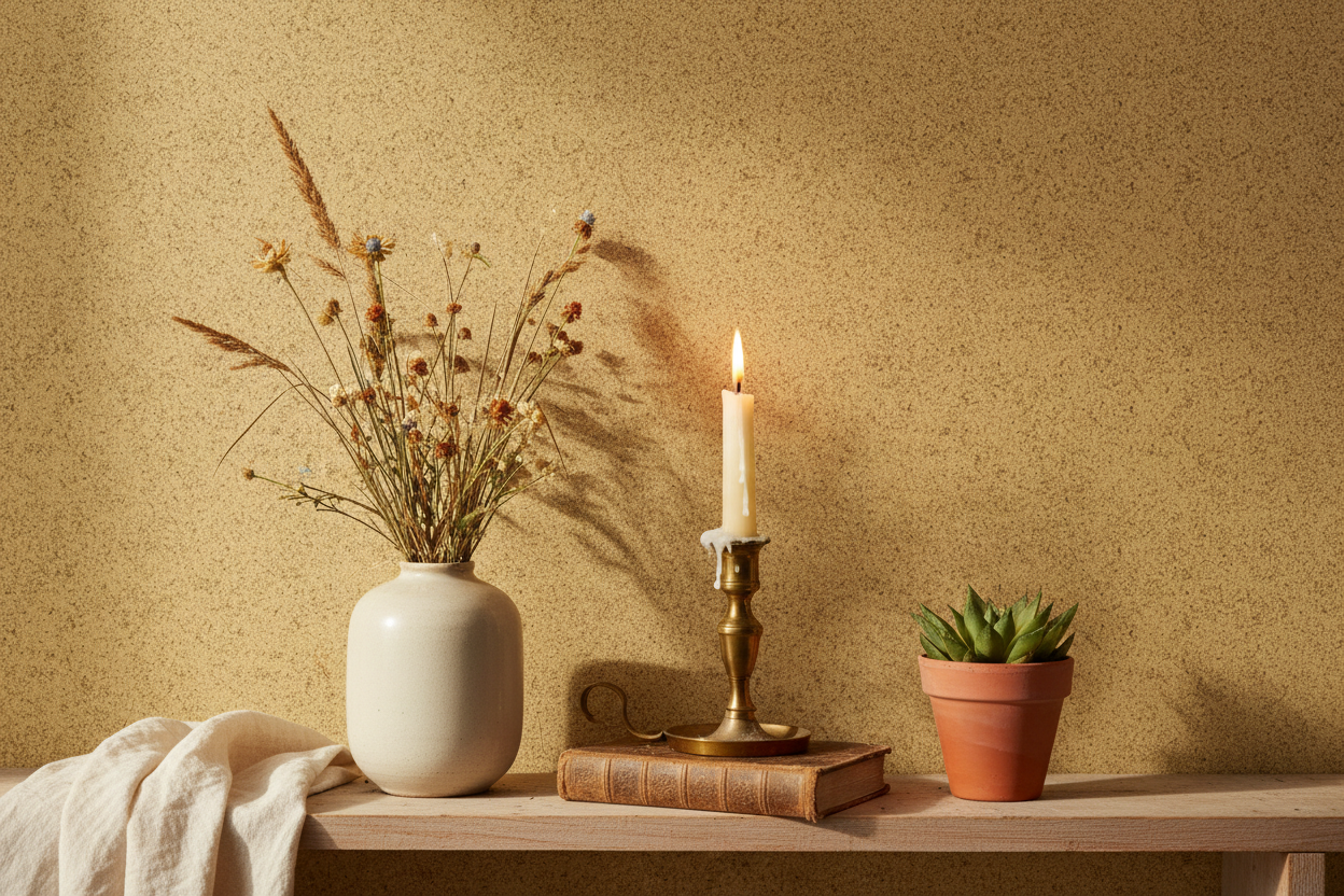 Reval Wallpaper Board Texture - Ockergul - Minimalistisk tapet med byggskivestruktur – högkvalitativ tapet för en personli...