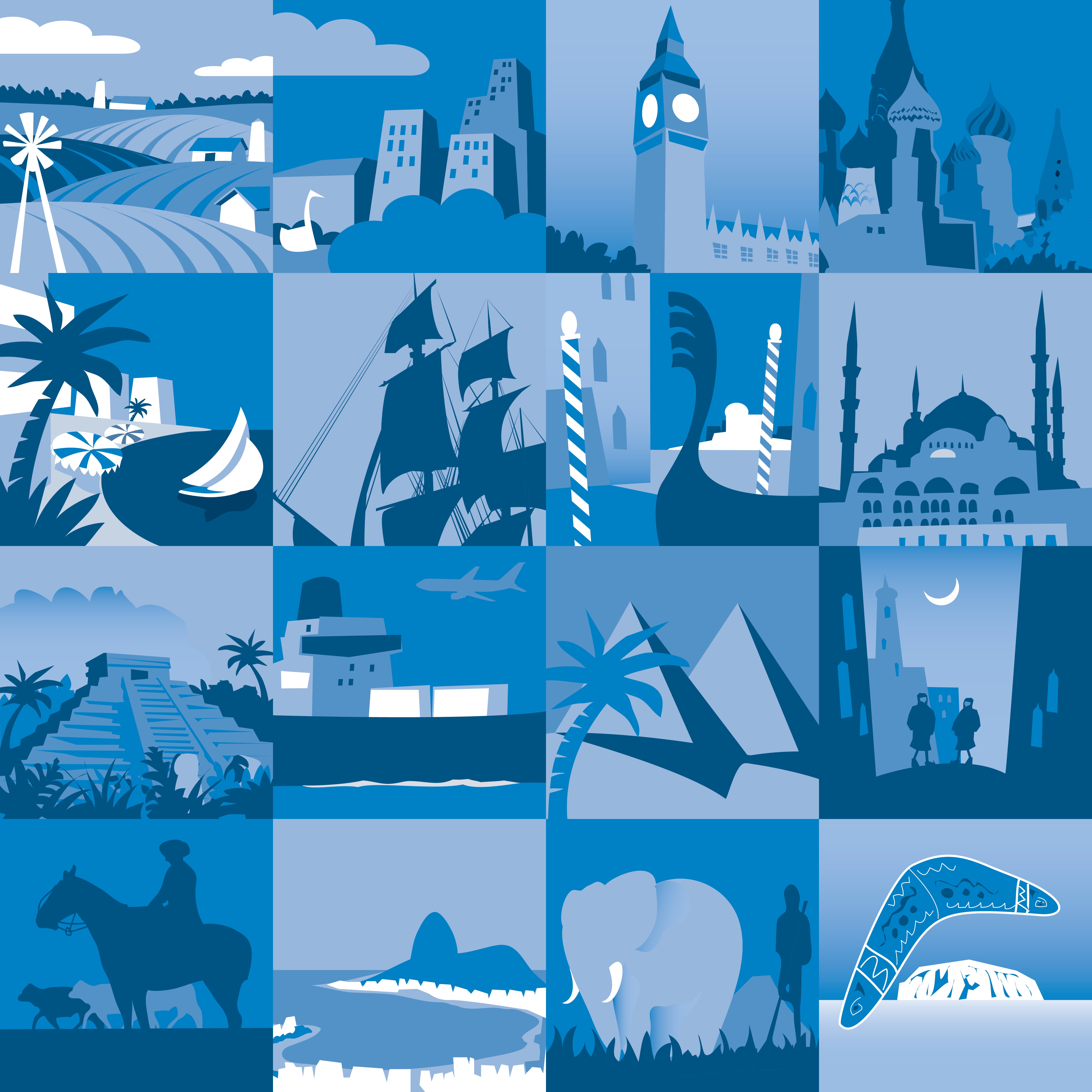 Jorden i byggsats - Blått kollage med världens alla hörn