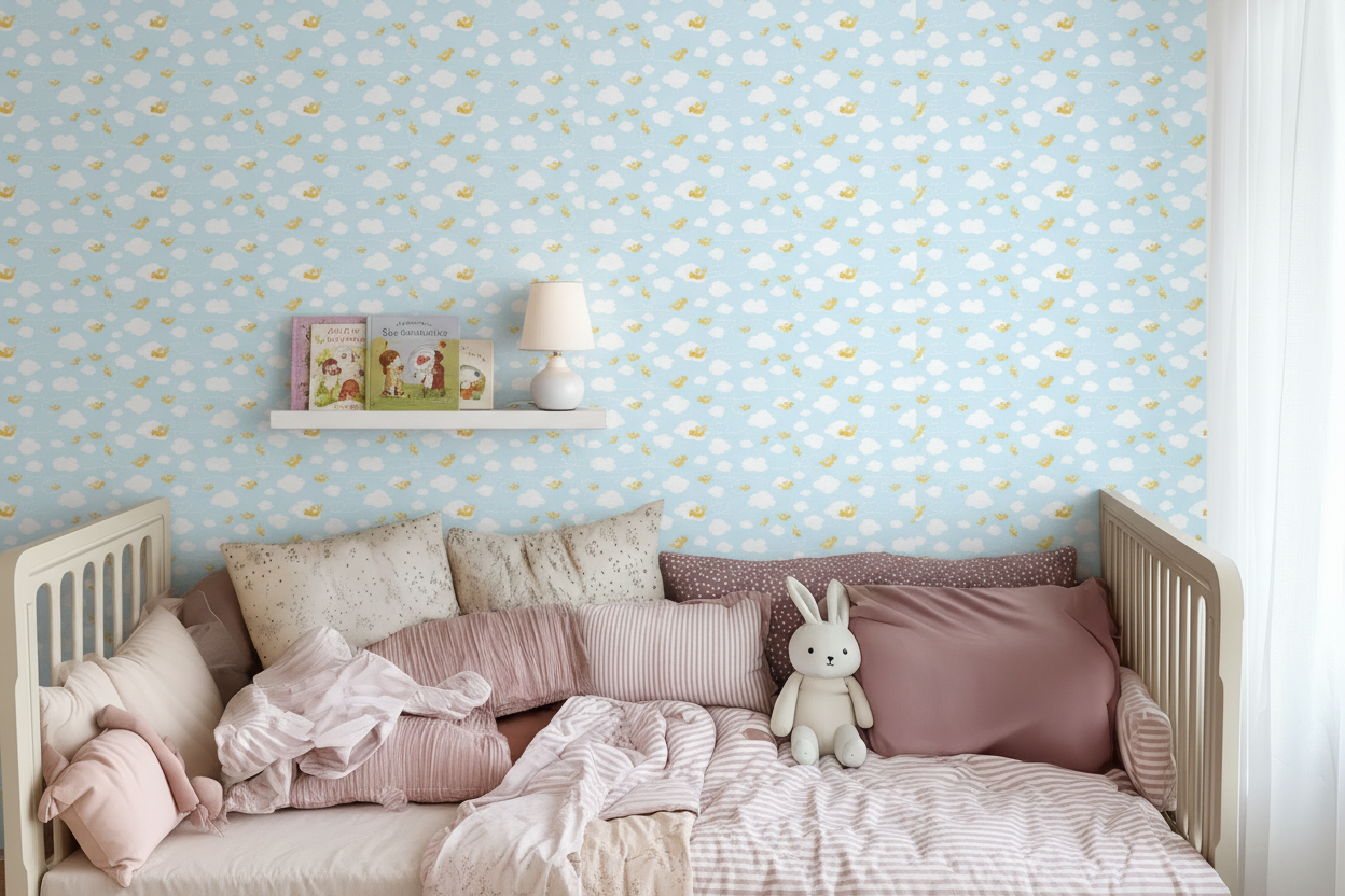 Reval Wallpaper Birdies – Lekfull barntapet med fåglar och moln – högkvalitativ tapet för en personlig och harmonisk vägg