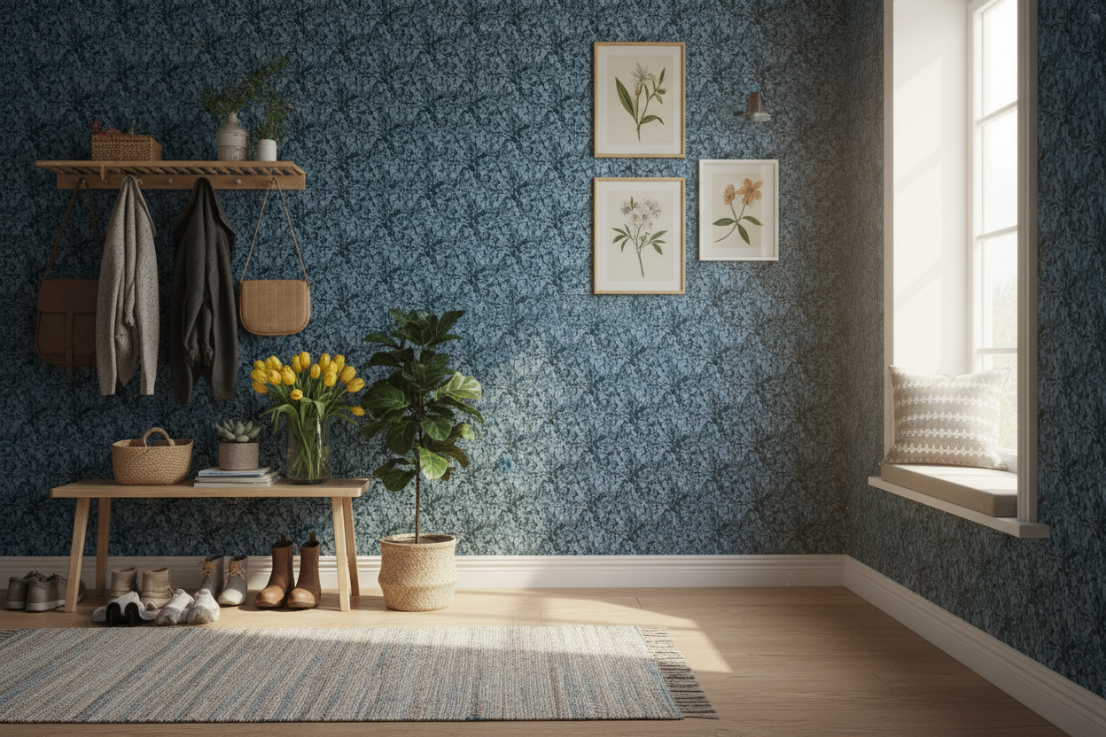 Schersmin - Blå - Klassisk tapet med djup färg och lantlig charm
